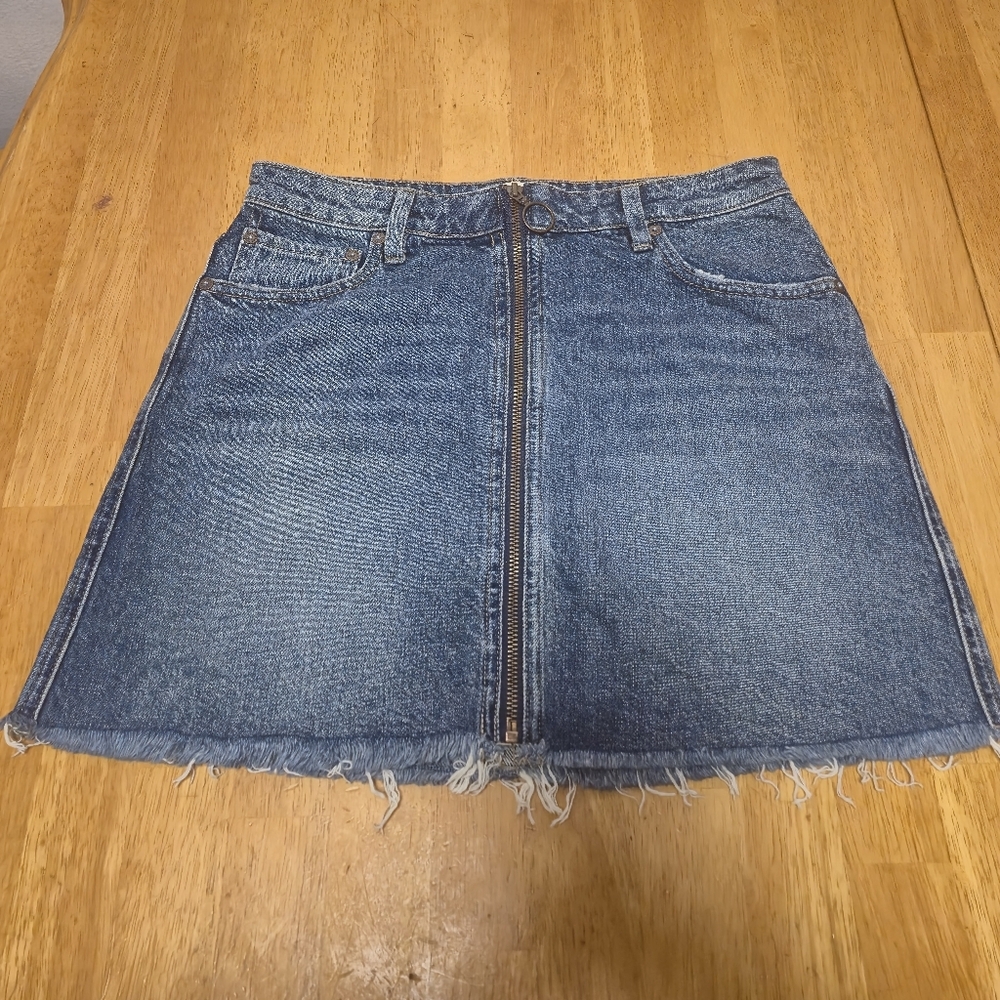 We The Free Blue Denim Mini Skirt with Frayed Hem